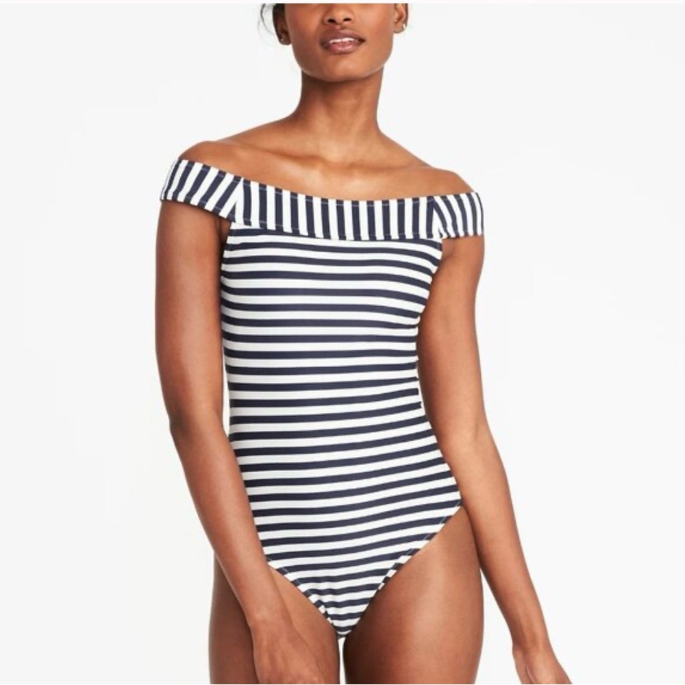 OLD NAVY Women's Navy & White Striped Off Shoulder One Piece Swimsuit